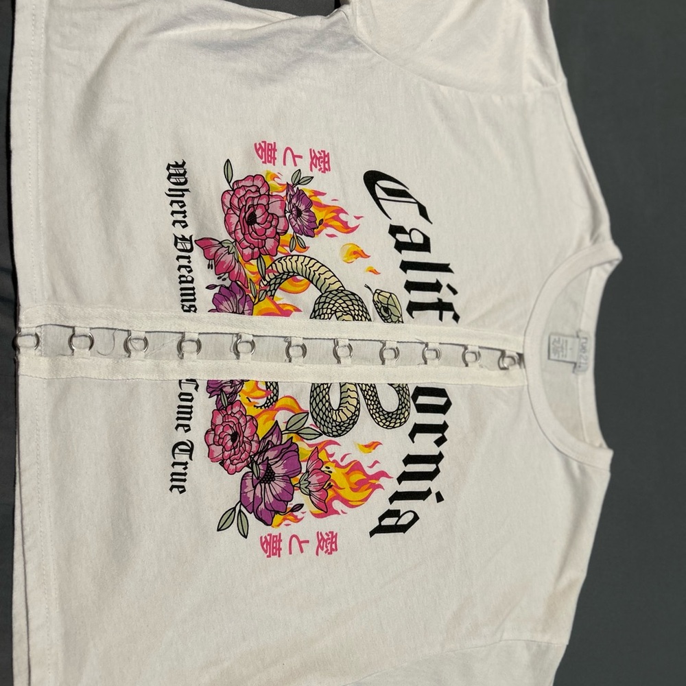 White Graphic Tee with Floral and Snake Design